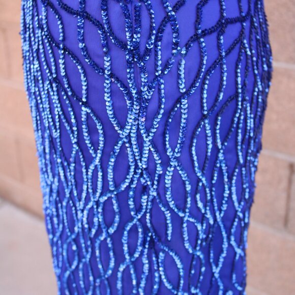 Laurence Kazar Silk Dress Womens SP Royal Blue Sequined Beaded Cocktail 90s - Picture 10 of 15
